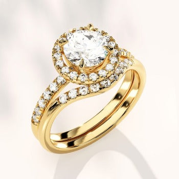 Vintage Halo Moissanite Bridal Set with Curved Wedding Band / 14k Gold Plated Unique 1 CT Round Engagement Ring Set / Anniversary Ring Set - Jay Amar Gems