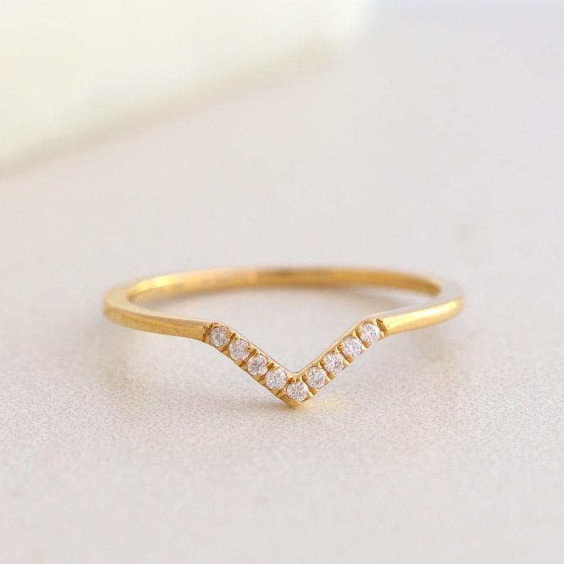 Solid Gold Plated Chevron Ring, V Ring, Moissanite Diamond Stackable Ring, Chevron Arrow Ring, Minimalist Ring - Jay Amar Gems