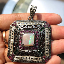 Rainbow Opal Square Silver Pendant